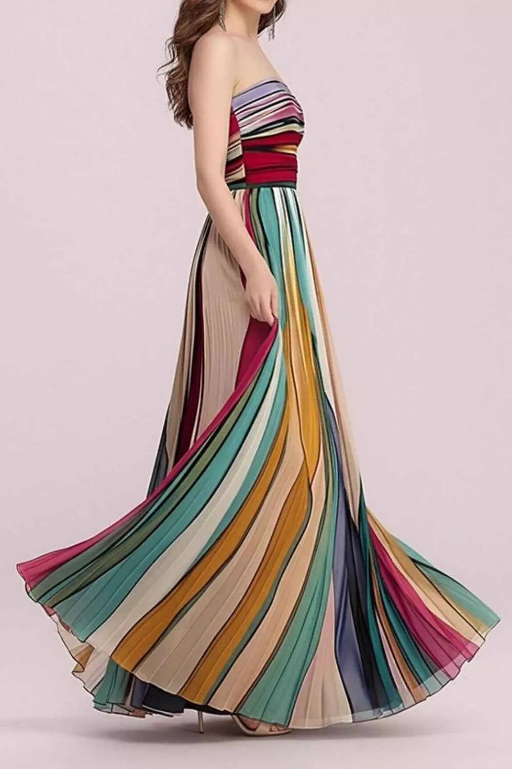 Striped Pleated Strapless Maxi Dress