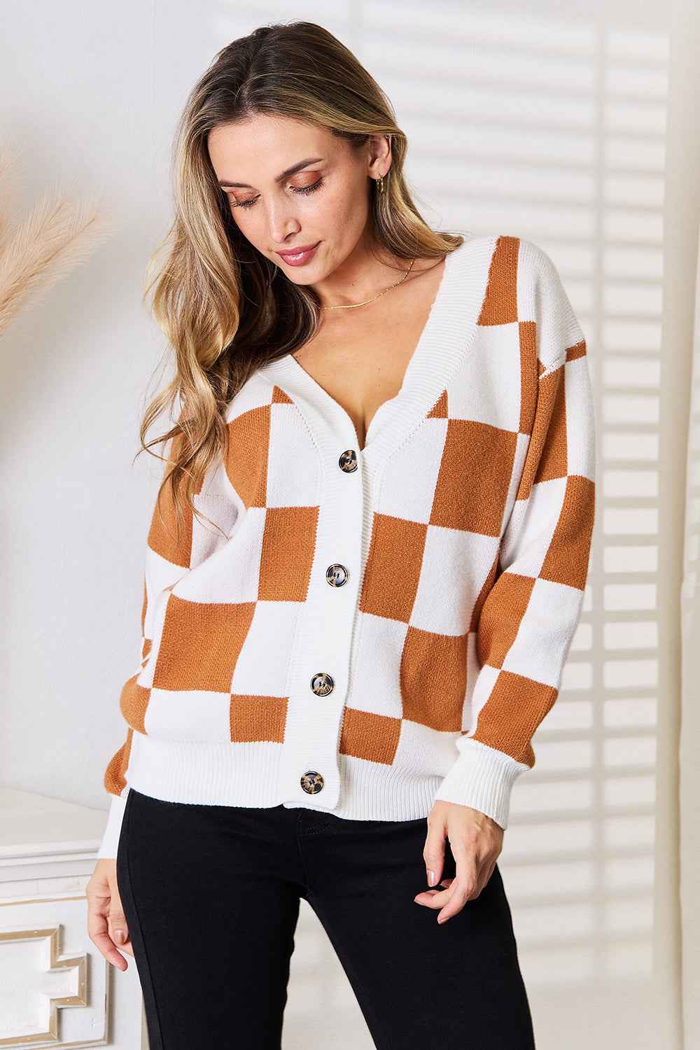 Button-Up V-Neck Dropped Shoulder Cardigan - Angel Wings