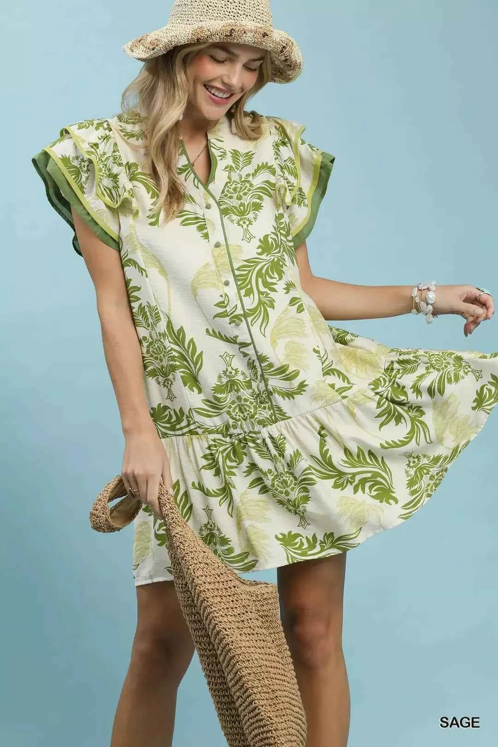 Umgee Toile Print Button-Front Placket Mini Dress with Dropped Ruffle Hem