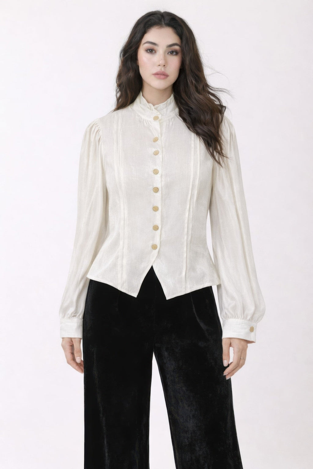 Elegant Satin-finish Victorian Button-up Top - Excel Merchandise