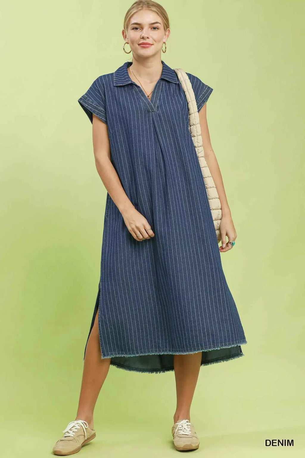 Umgee Pinstripe Denim Collared Midi Dress with Side Slits