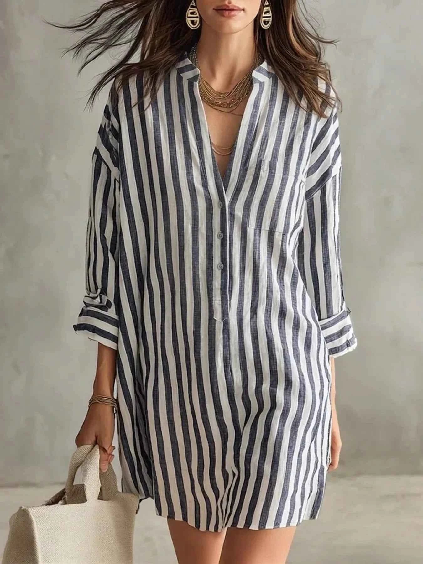 Full Size Striped 3/4 Sleeve Shirt Dress Plus Size