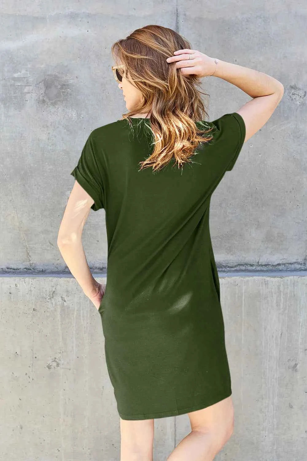 Basic Bae Full Size Solid Round Neck Short Sleeve Casual Loose Mini T-Shirt Dress with Side Pockets
