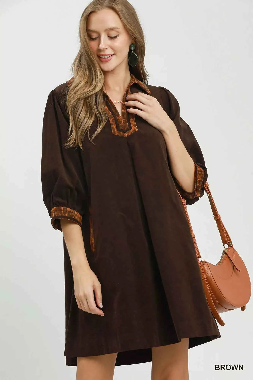 Umgee V-Neck Shift Dress with Contrast Trim