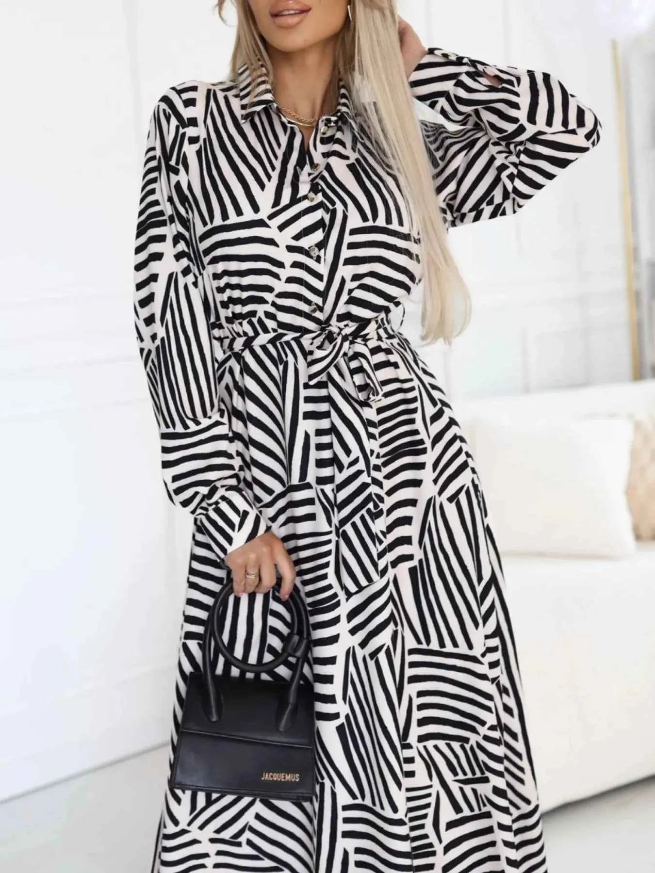 Geometric Print Belted Maxi Shirt Dress