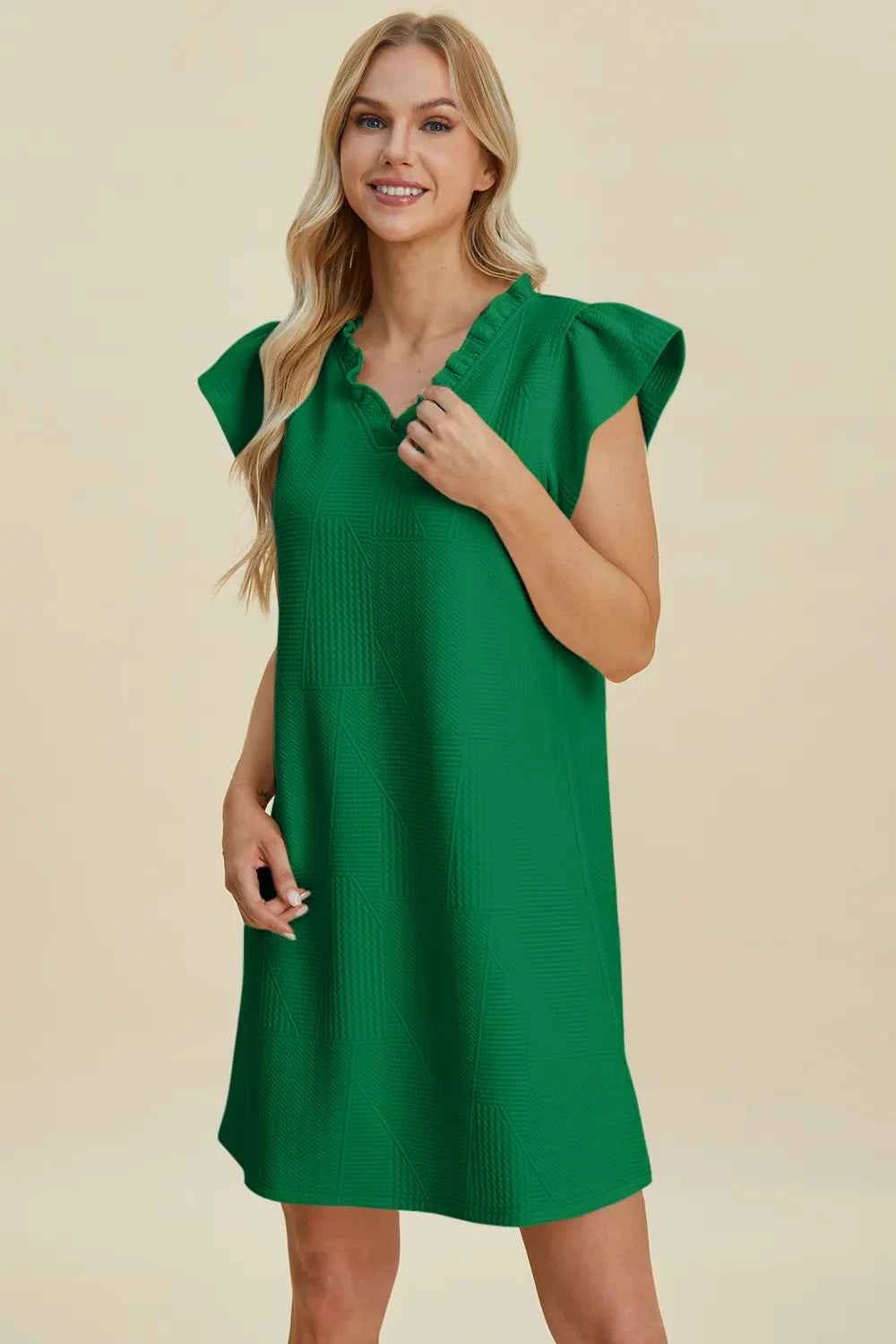 Ruffled V-Neck Cap Sleeve Dress - Double Take