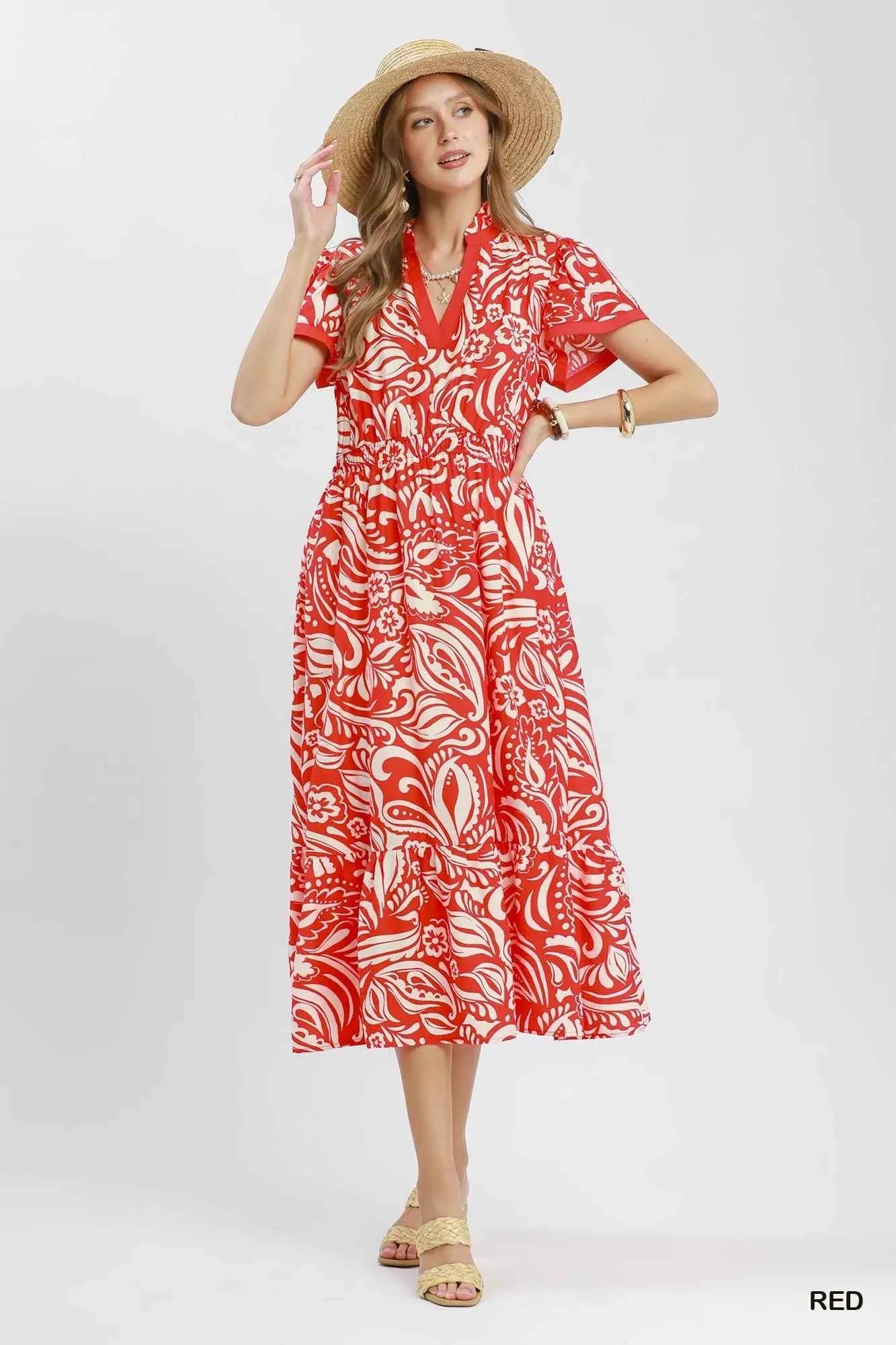 Umgee Paisley Print Midi Dress with Side Pockets