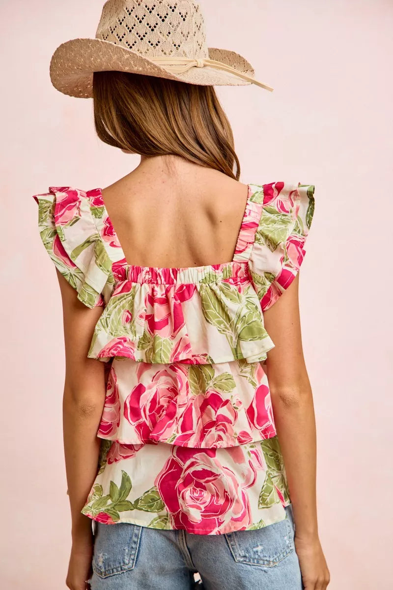 Floral Bow Tie Ruffle Square Neck Top