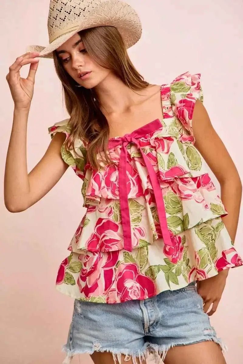 Floral Bow Tie Ruffle Square Neck Top - BiBi - Liorienne