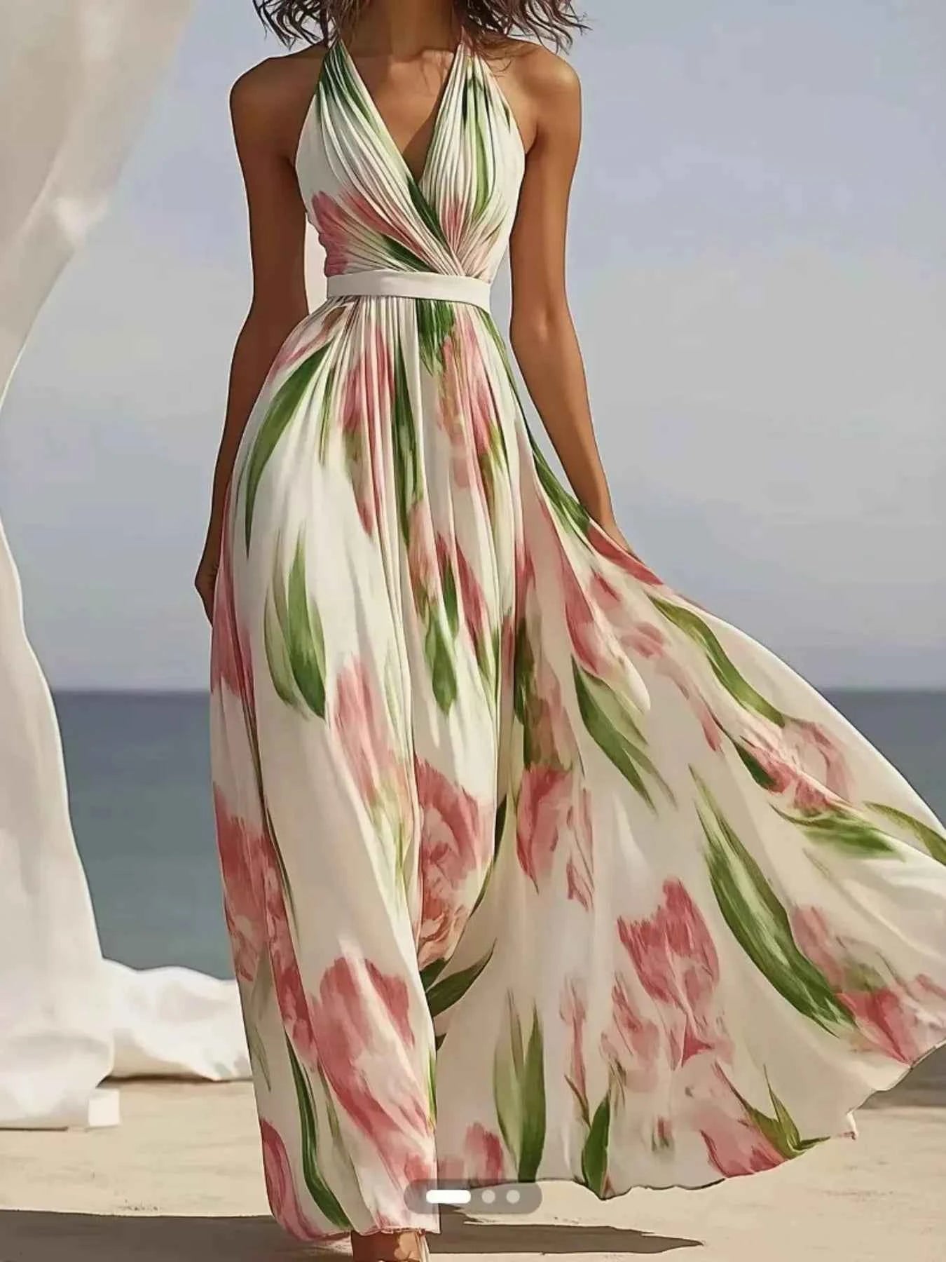 Floral Print Halter Neck Maxi Dress - Liorienne