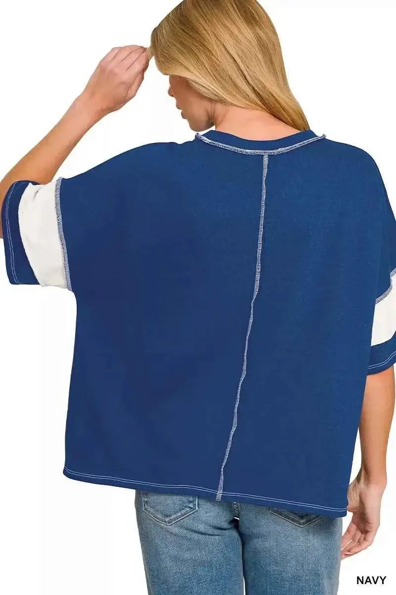 French Terry Striped Exposed Seam Top - Zenana - Liorienne