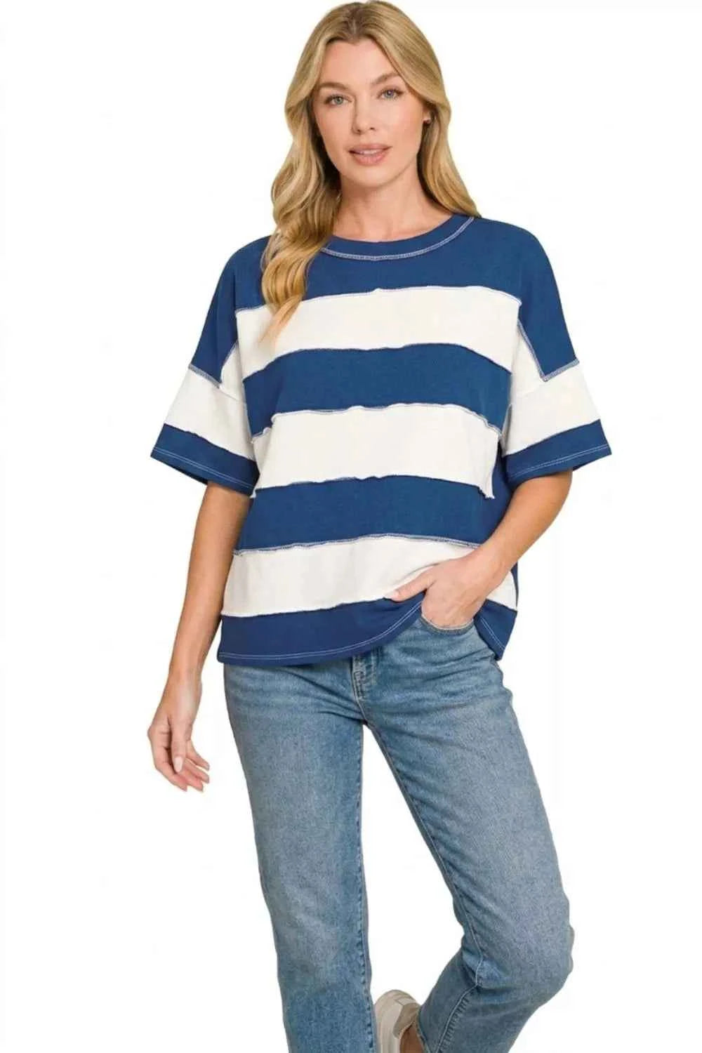 Full body view of French Terry Striped Exposed Seam Top