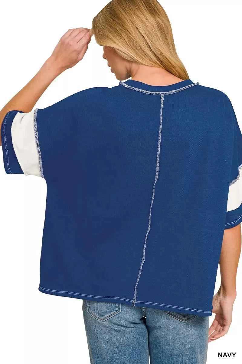 Back view with exposed seam detail on French Terry Striped Top