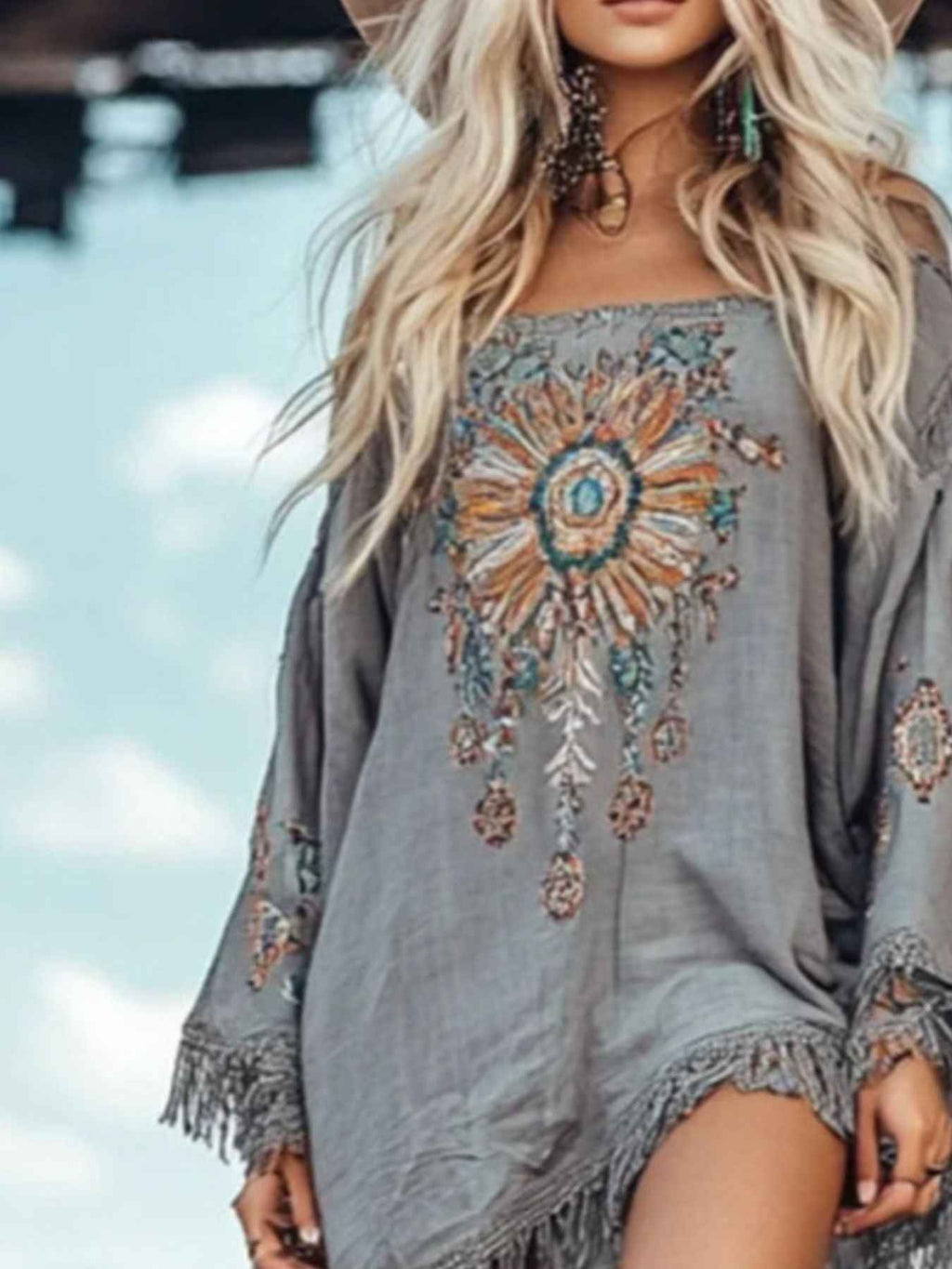 Fringe Hem Long Sleeve Mini Dress - Excel Merchandise
