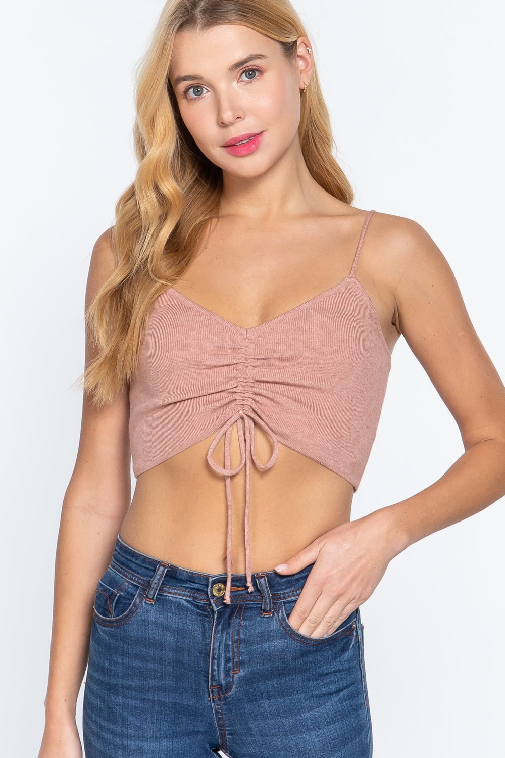 Front Ruched Detail Sweater Knit Crop Cami Top - Liorienne