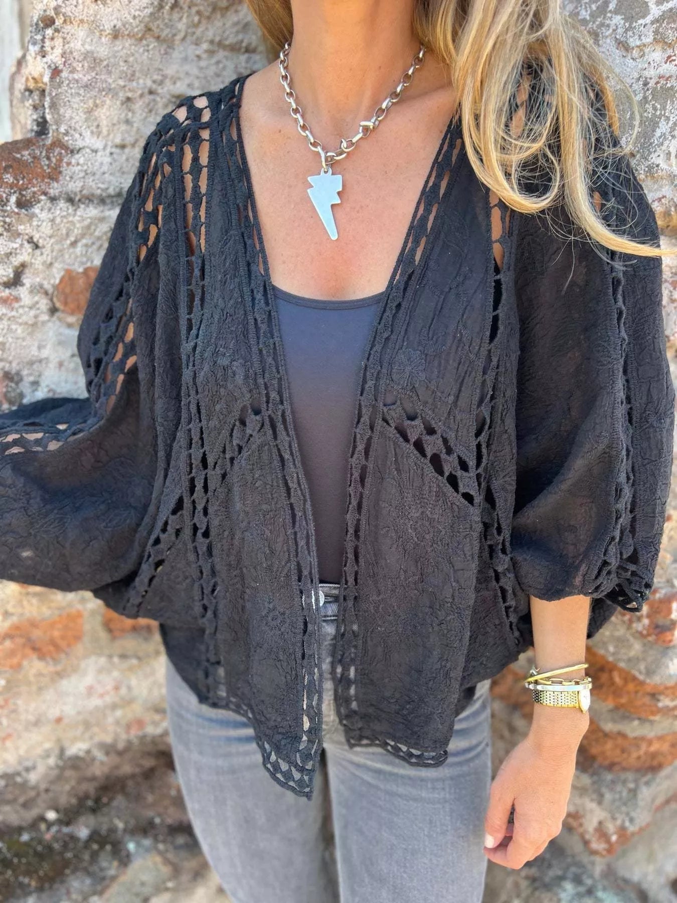 Full Size Embroidered Open Front Cardigan Plus Size - Excel Merchandise