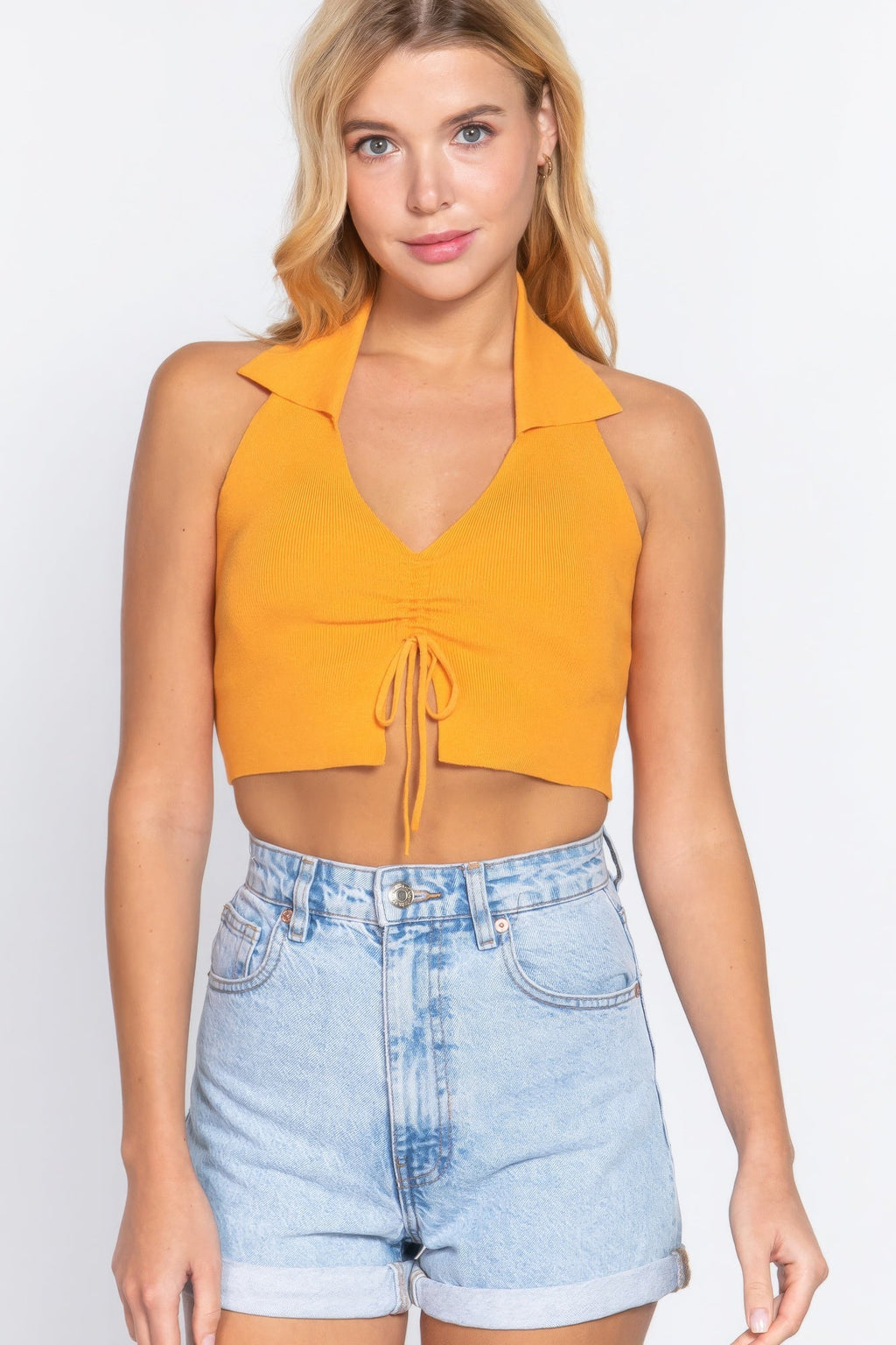 Halter Ruched Crop Sweater Knit Top - Excel Merchandise