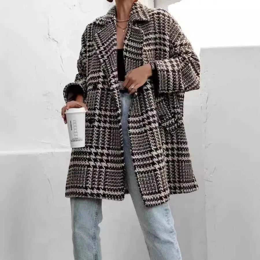 Houndstooth Collared Neck Long Sleeve Coat with Pockets - Liorienne