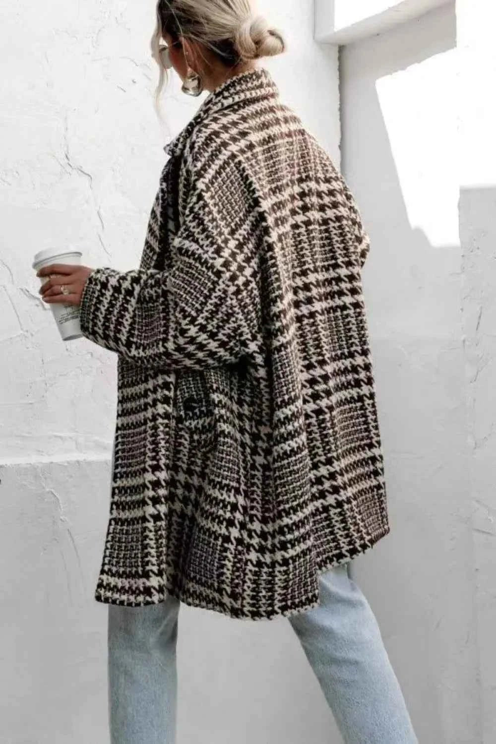 Houndstooth Collared Neck Long Sleeve Coat with Pockets - Liorienne
