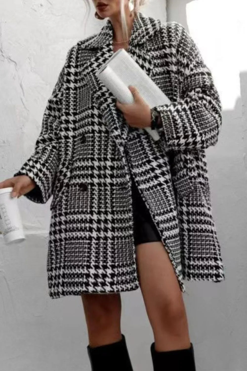 Houndstooth Collared Neck Long Sleeve Coat with Pockets - Liorienne
