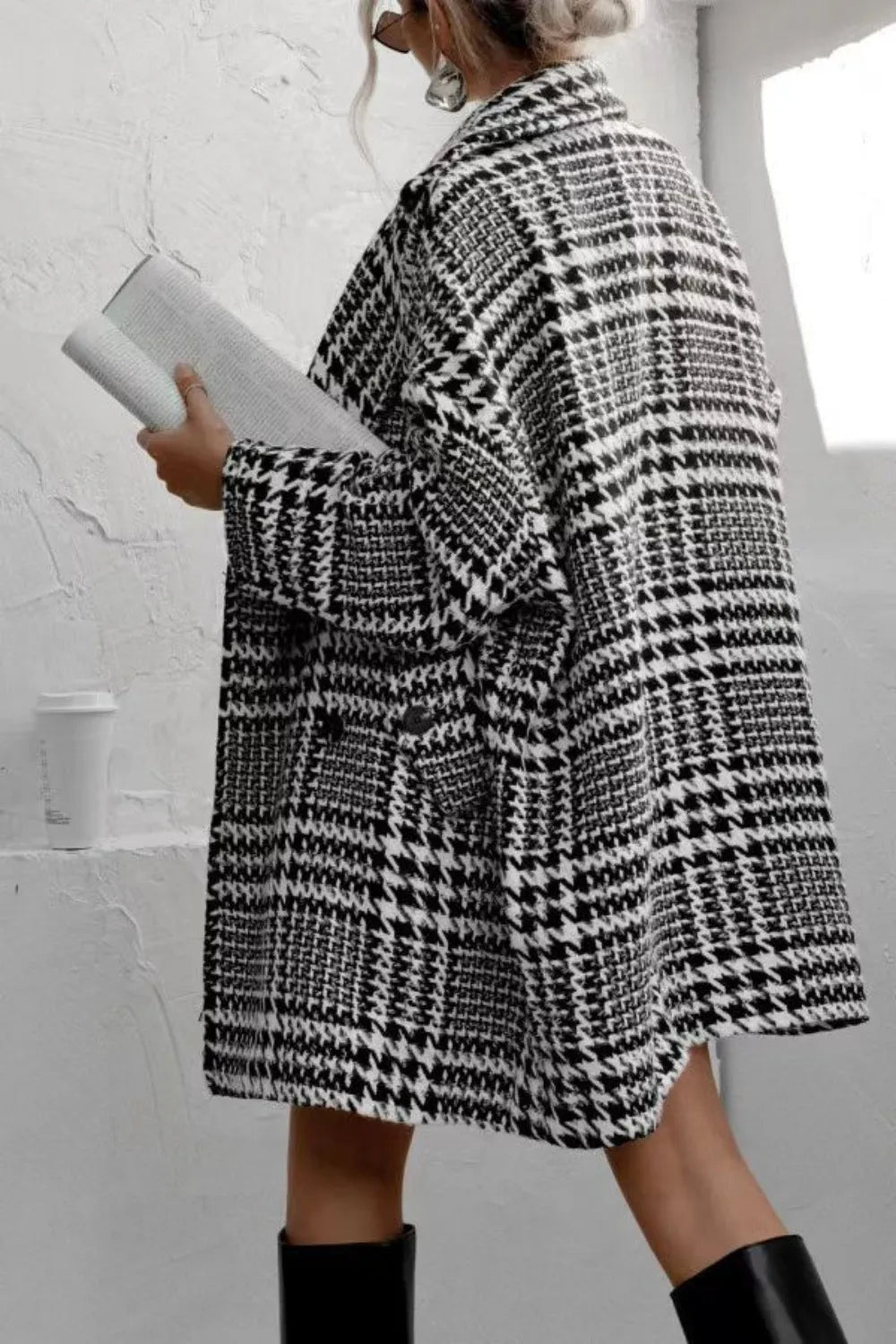 Houndstooth Collared Neck Long Sleeve Coat with Pockets - Liorienne