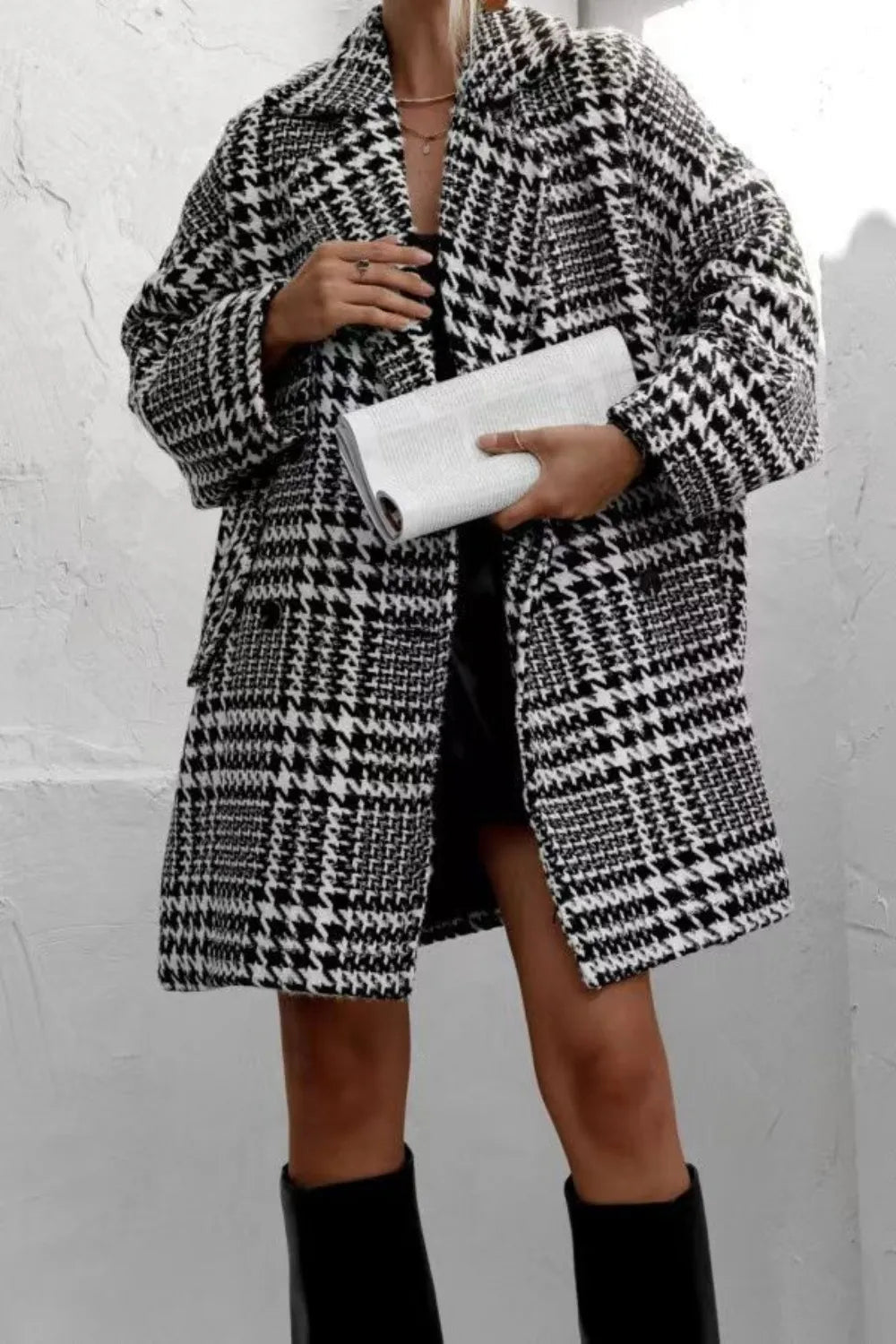 Houndstooth Collared Neck Long Sleeve Coat with Pockets - Liorienne