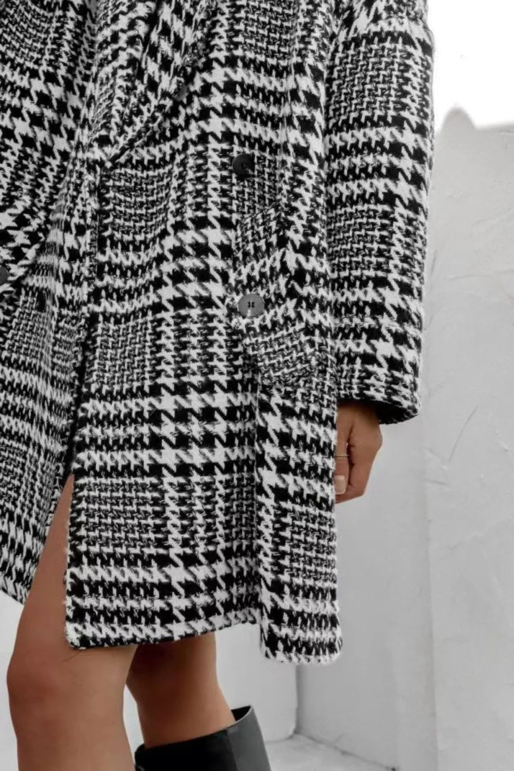 Houndstooth Collared Neck Long Sleeve Coat with Pockets - Liorienne