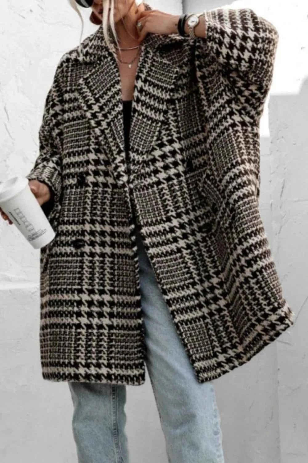 Houndstooth Collared Neck Long Sleeve Coat with Pockets - Liorienne