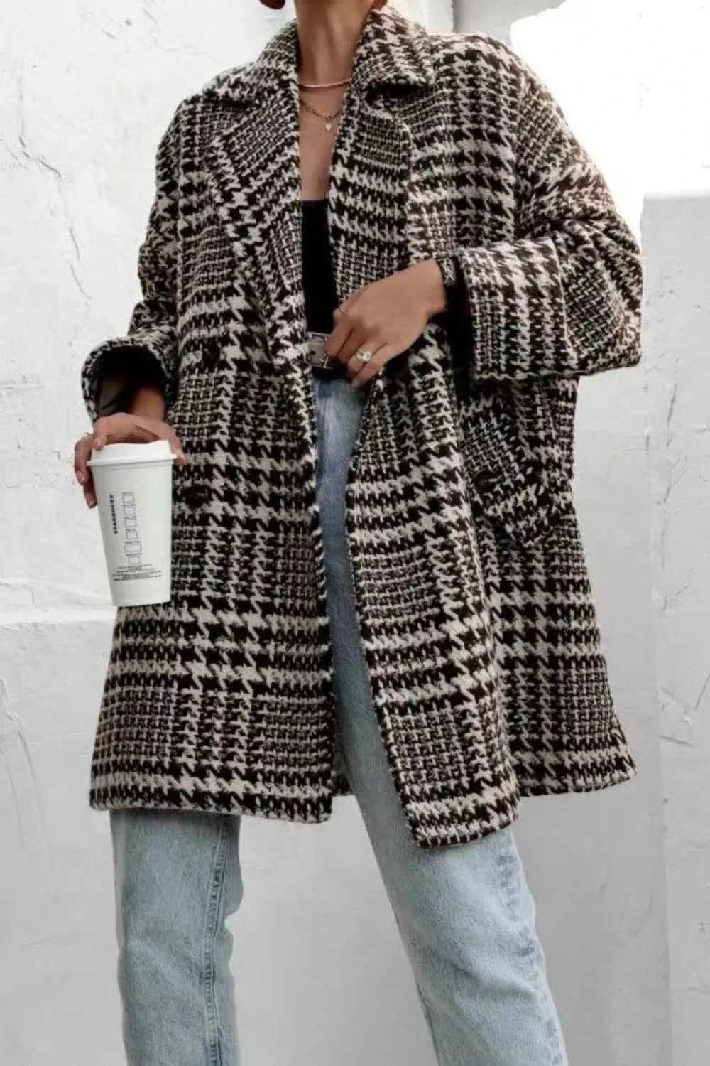 Houndstooth Collared Neck Long Sleeve Coat with Pockets - Liorienne