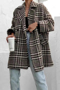 Houndstooth Collared Neck Long Sleeve Coat with Pockets - Liorienne