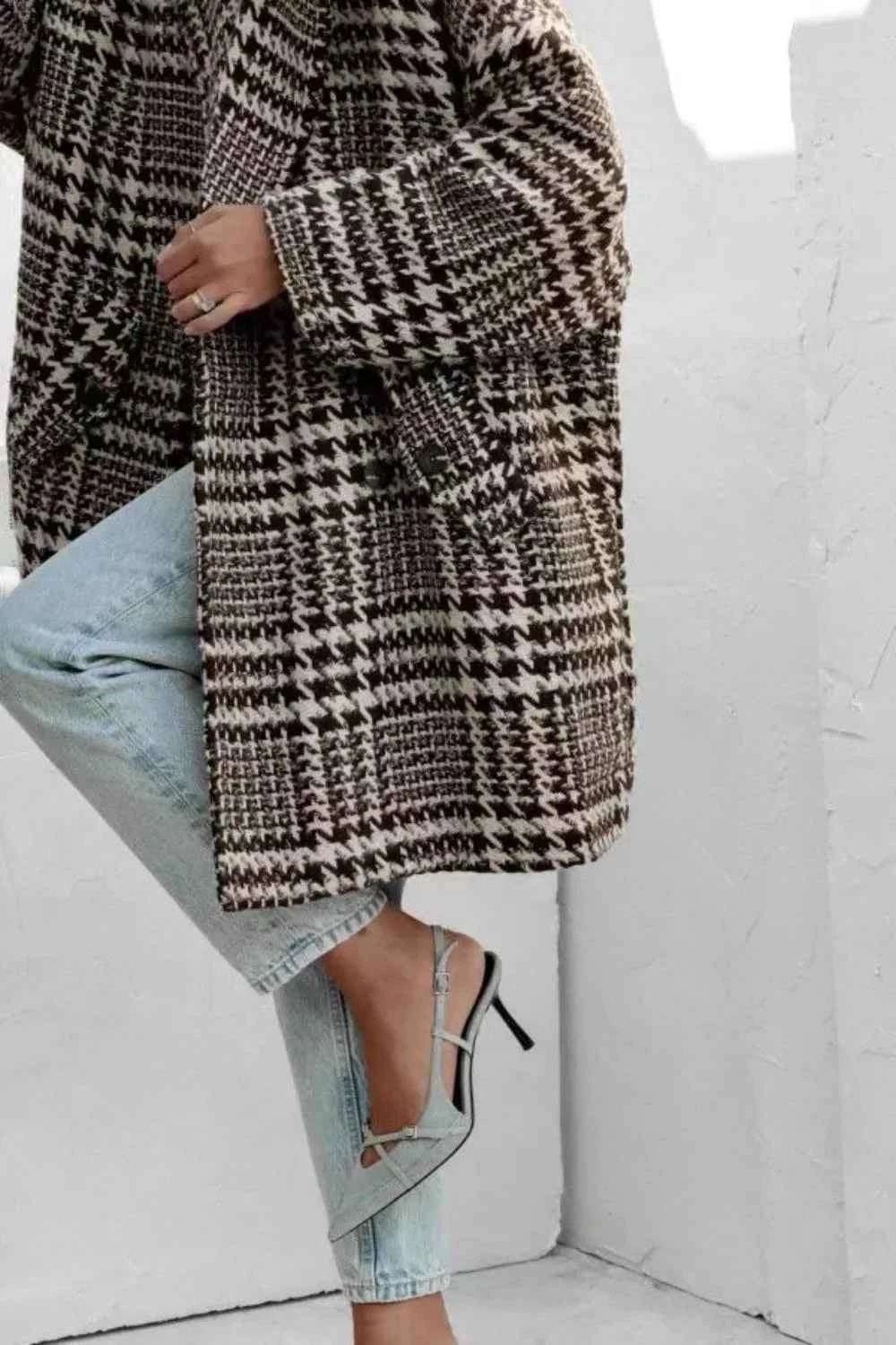 Houndstooth Collared Neck Long Sleeve Coat with Pockets - Liorienne