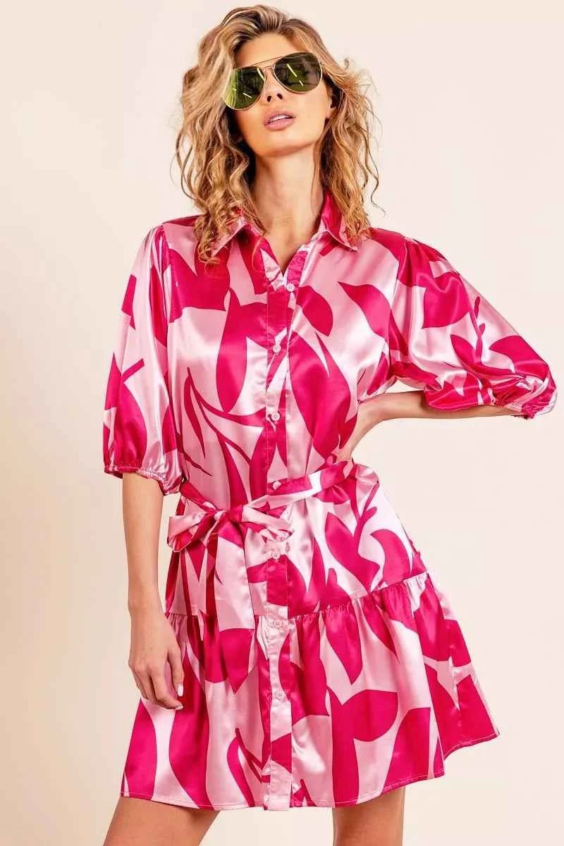 Leaf Pattern Collared Satin Dress - Liorienne
