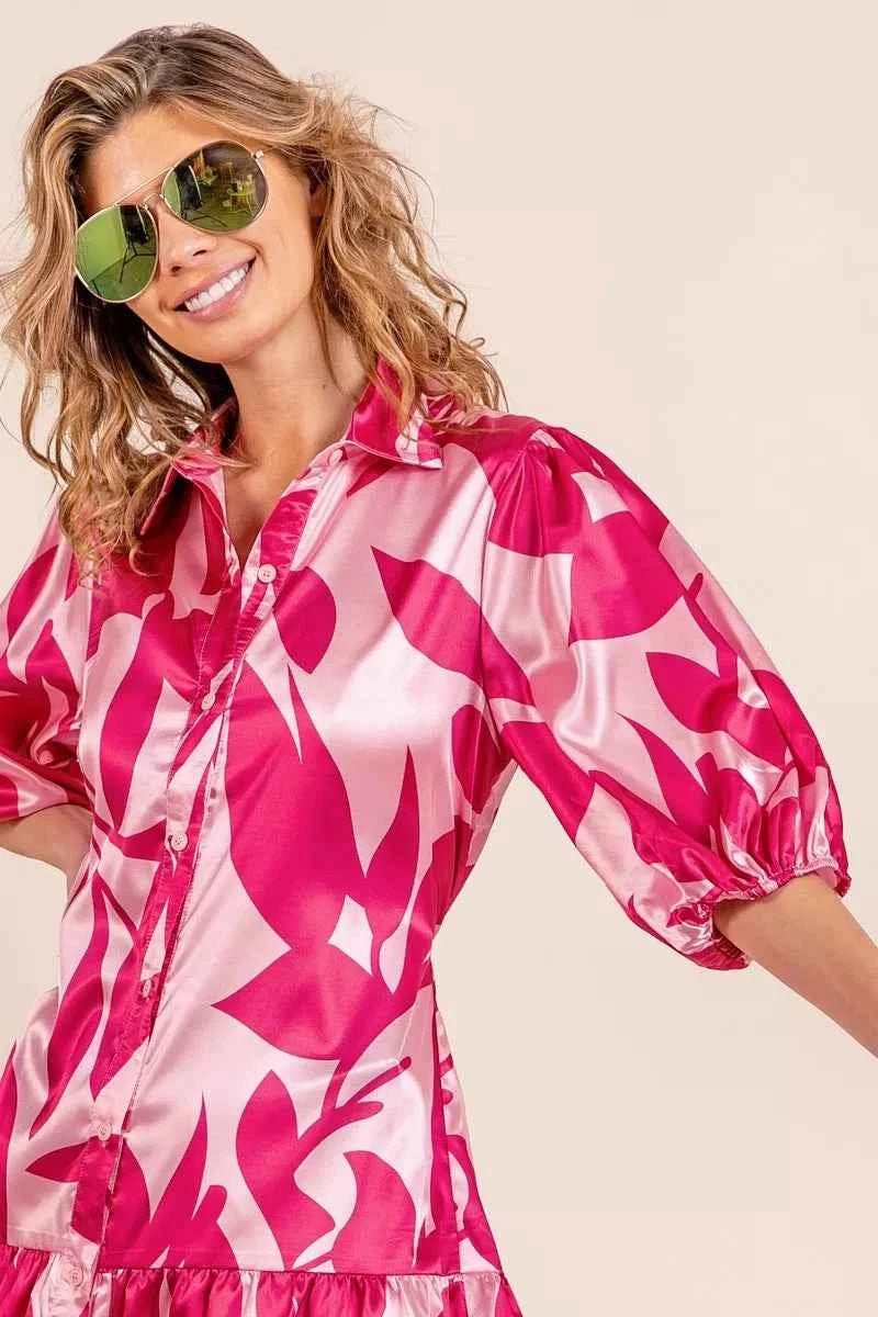 Leaf Pattern Collared Satin Dress - Liorienne