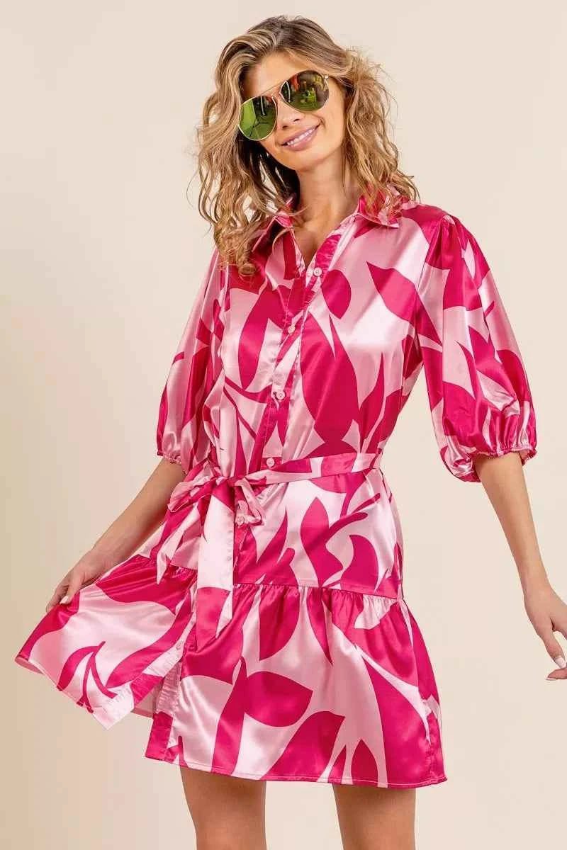 Leaf Pattern Collared Satin Dress - Liorienne