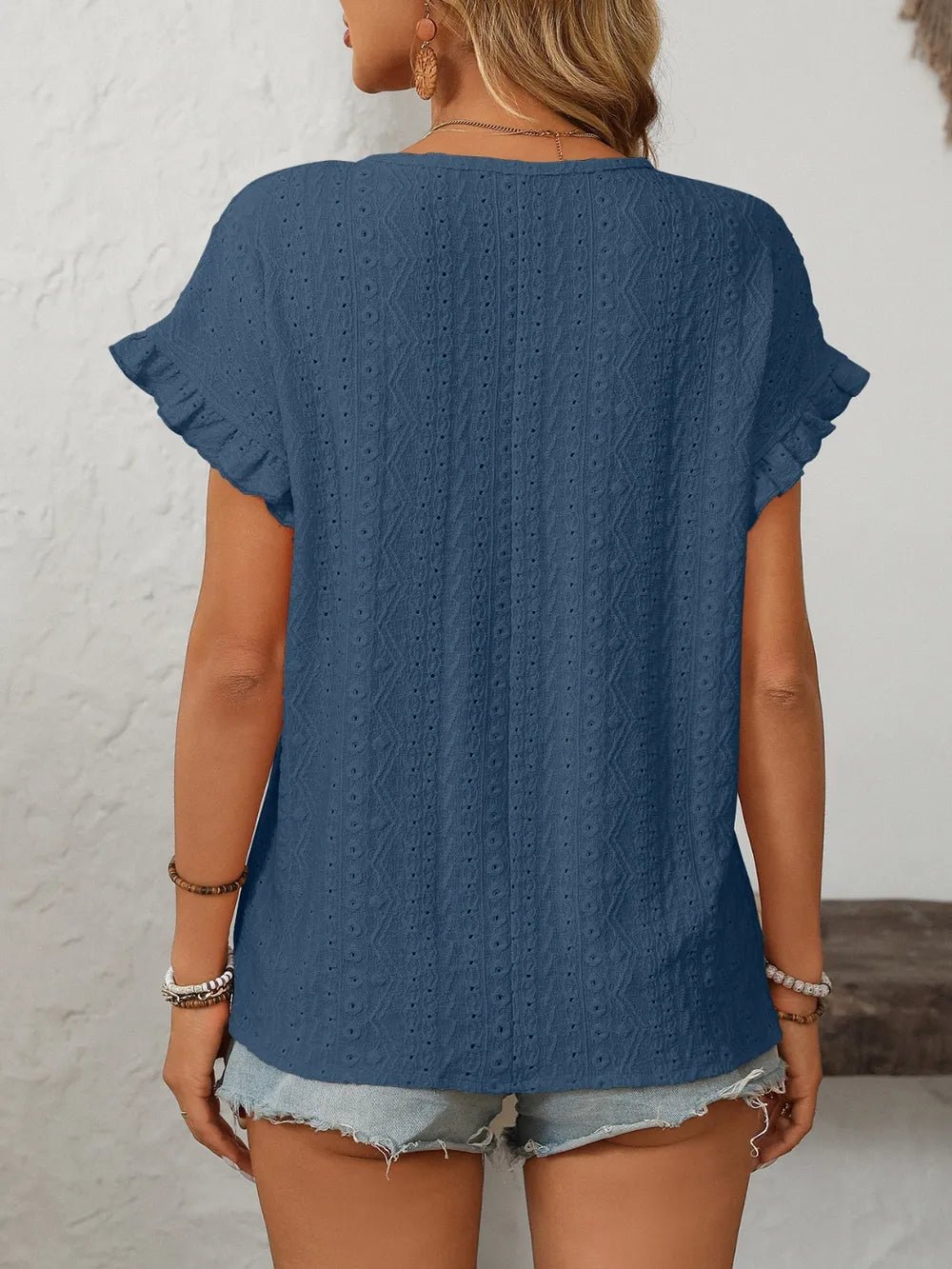 Mandy Eyelet Round Neck Short Sleeve Top - Excel Merchandise