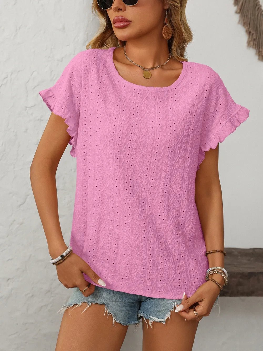 Mandy Eyelet Round Neck Short Sleeve Top - Excel Merchandise