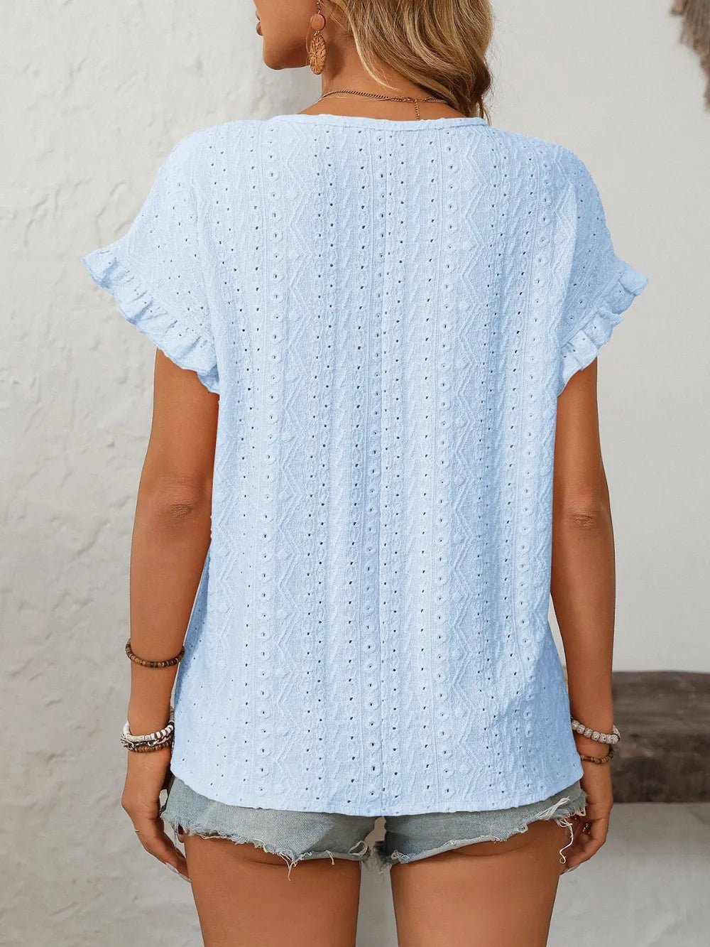 Mandy Eyelet Round Neck Short Sleeve Top - Excel Merchandise