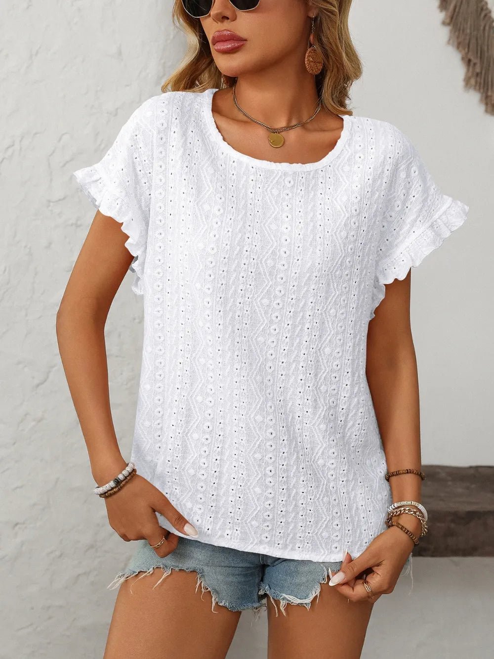 Mandy Eyelet Round Neck Short Sleeve Top - Excel Merchandise