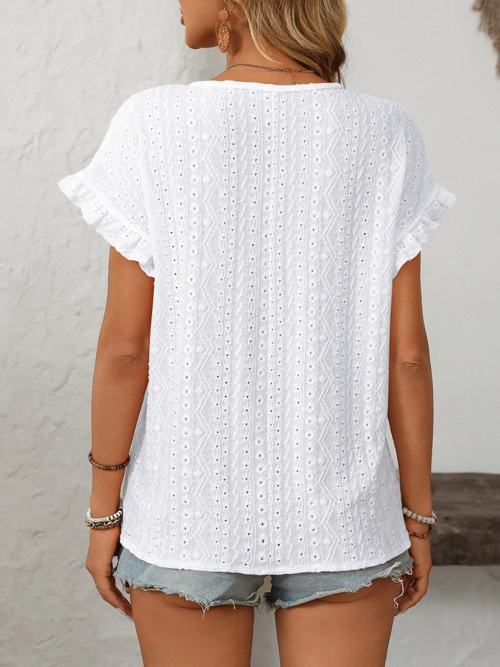 Mandy Eyelet Round Neck Short Sleeve Top - Excel Merchandise