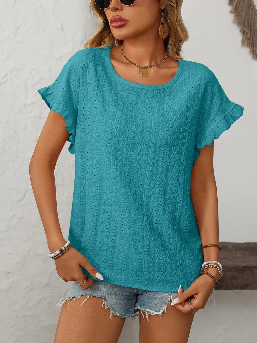 Mandy Eyelet Round Neck Short Sleeve Top - Excel Merchandise