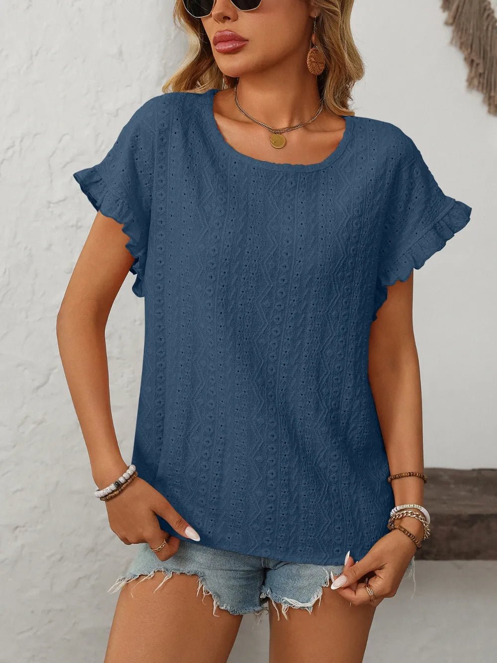 Mandy Eyelet Round Neck Short Sleeve Top - Liorienne