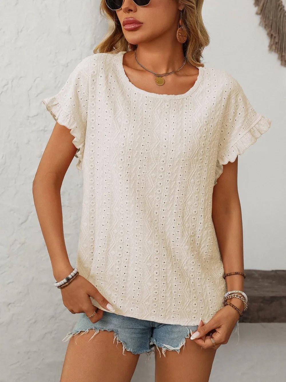 Mandy Eyelet Round Neck Short Sleeve Top - Liorienne