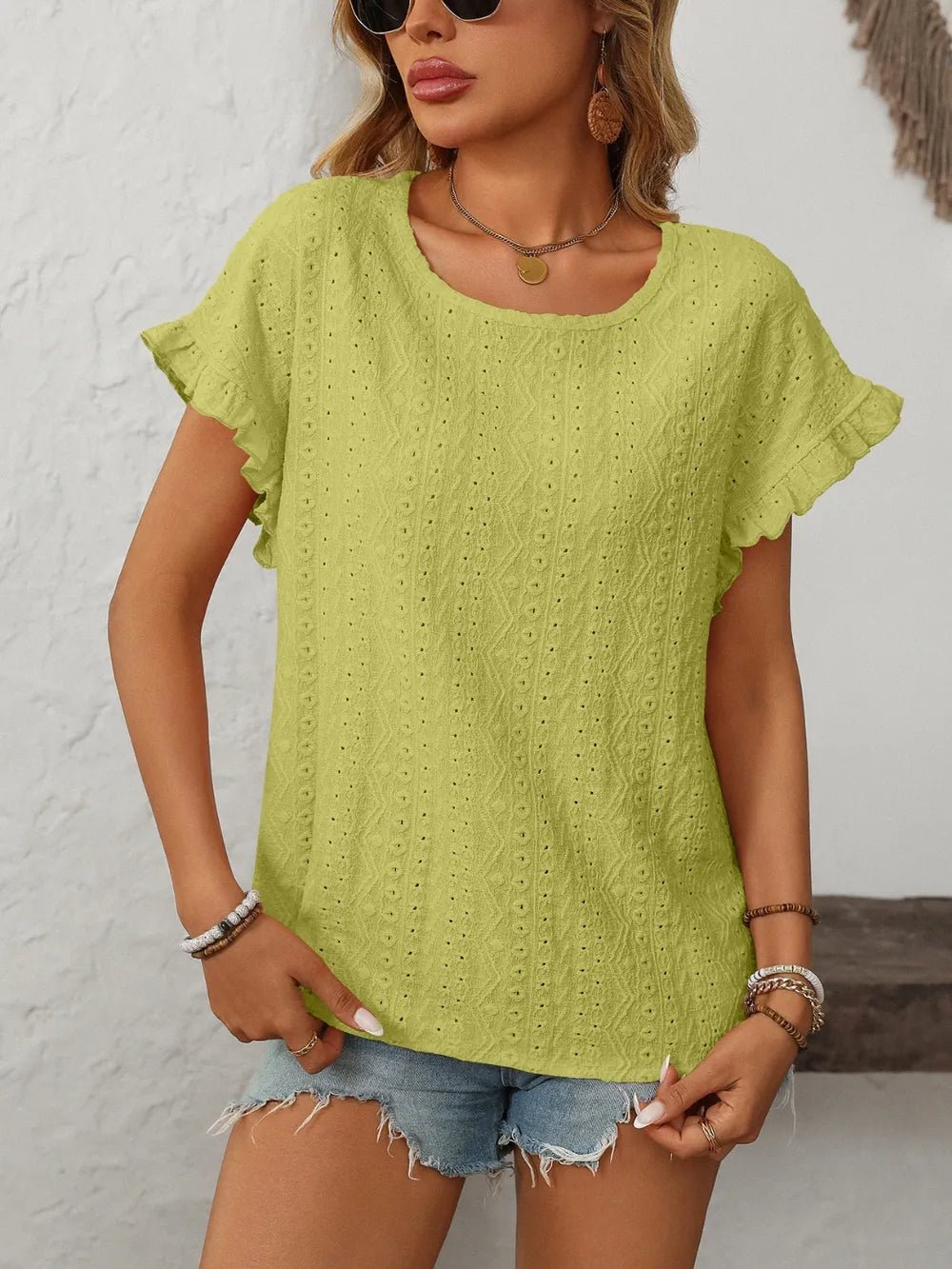 Mandy Eyelet Round Neck Short Sleeve Top - Liorienne