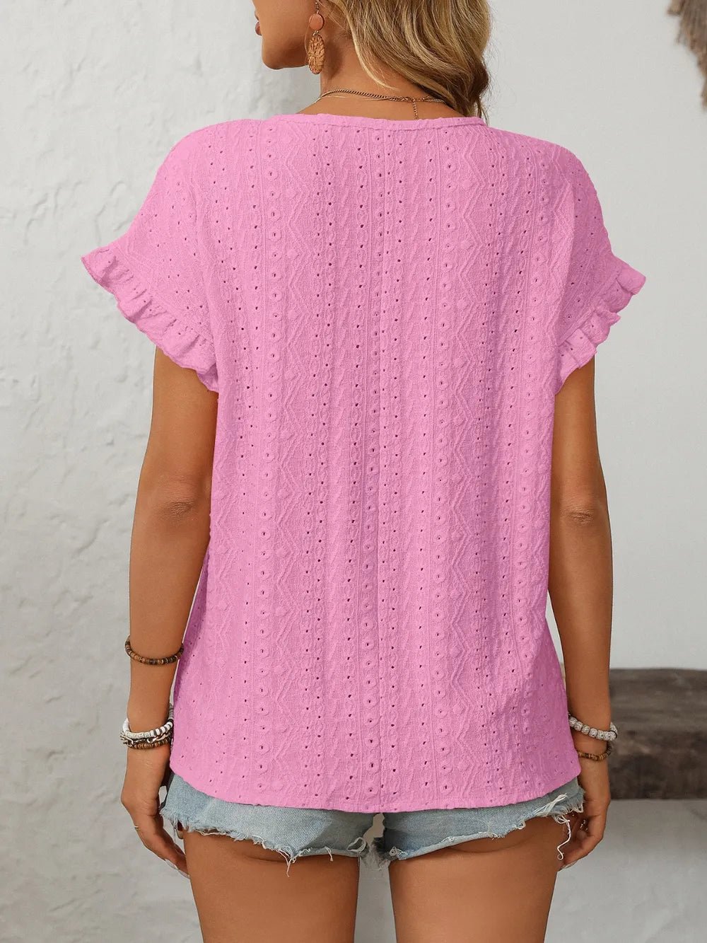 Mandy Eyelet Round Neck Short Sleeve Top - Excel Merchandise