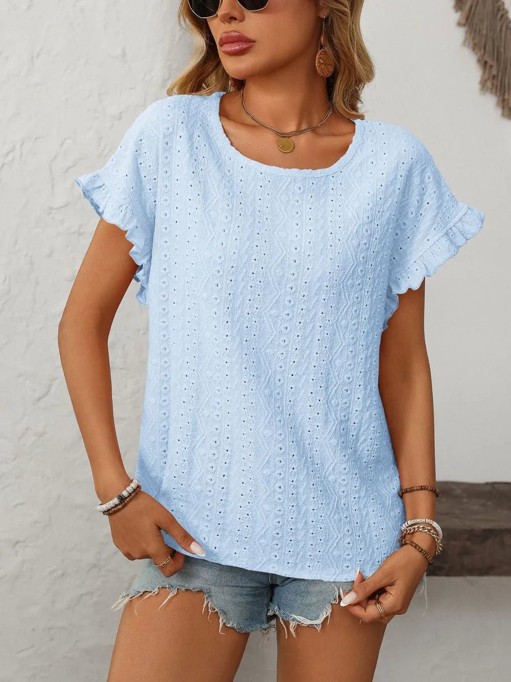 Mandy Eyelet Round Neck Short Sleeve Top - Excel Merchandise