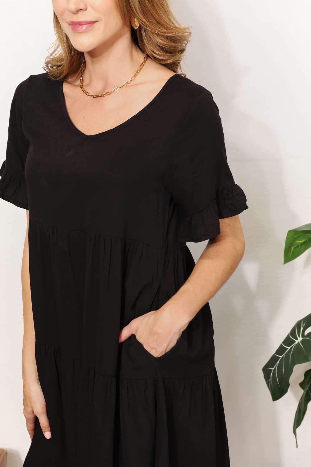 Mandy V-Neck Flounce Sleeve Tiered Dress - Liorienne