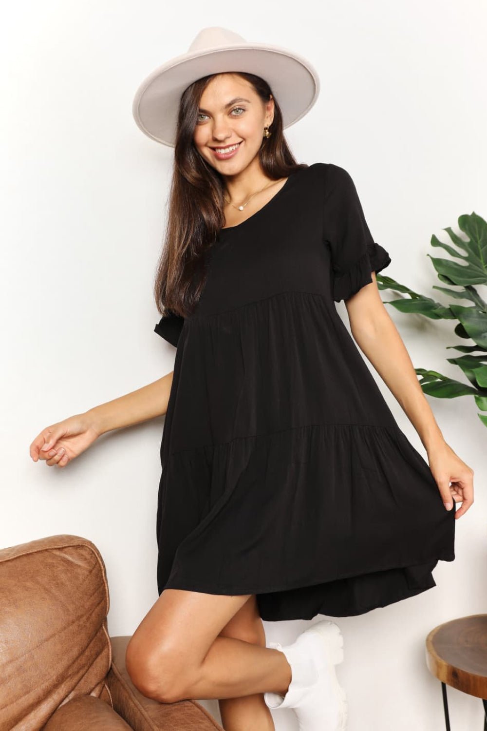 Mandy V-Neck Flounce Sleeve Tiered Dress - Liorienne