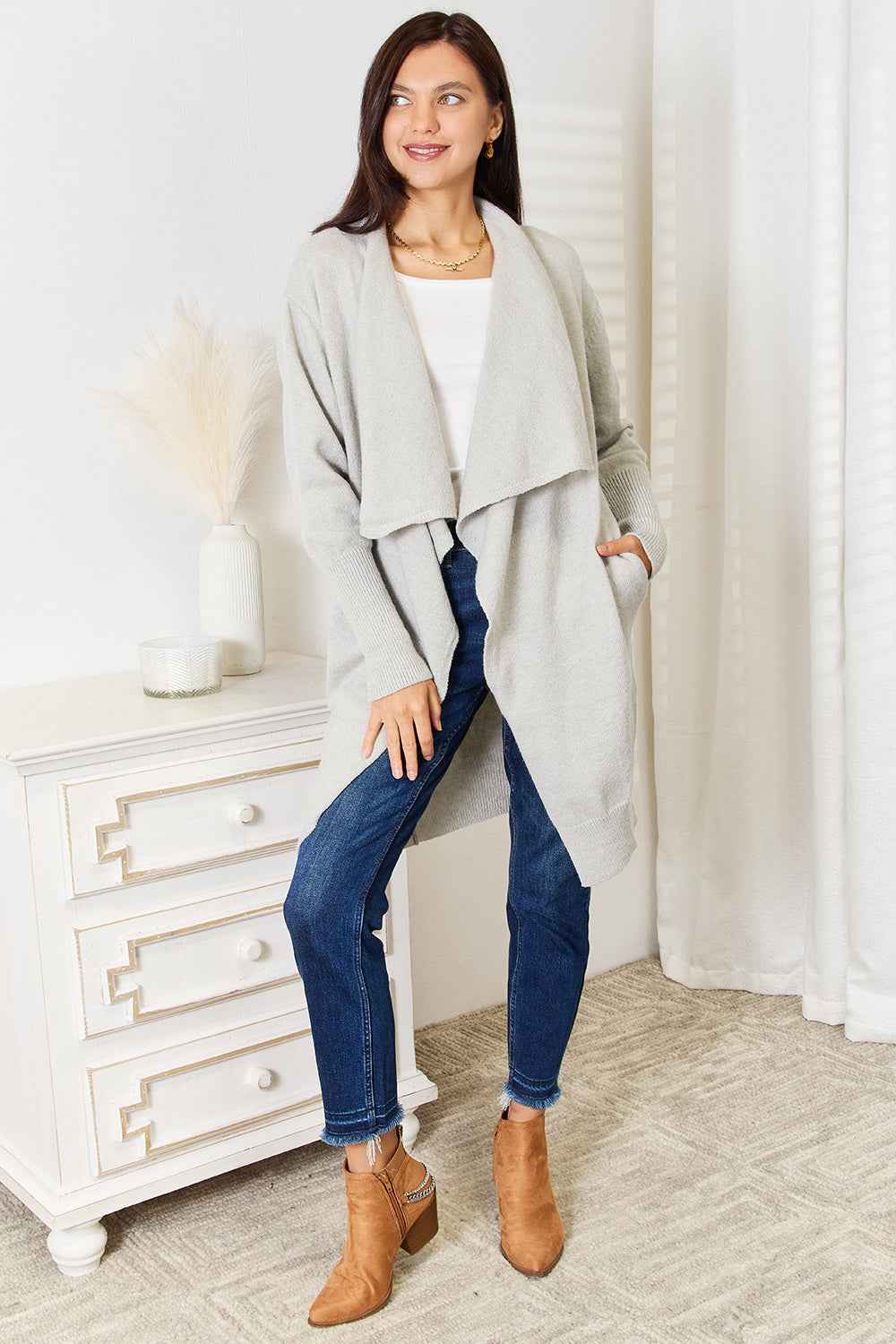 Open Front Duster Cardigan with Pockets - Angel Wings - Liorienne