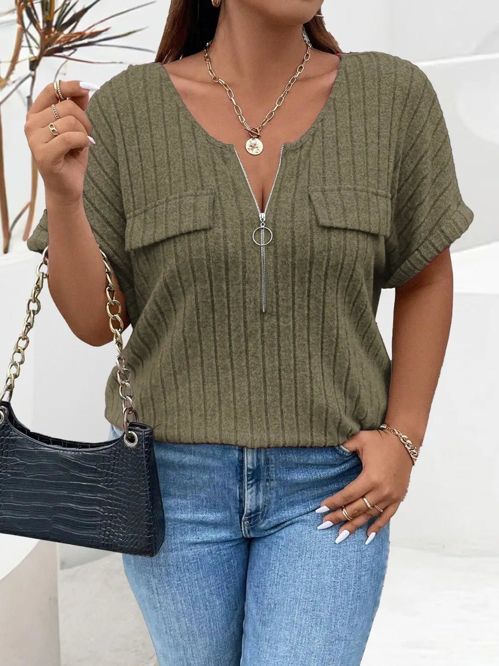 Plus Size Half Zip Short Sleeve T-Shirt - Excel Merchandise