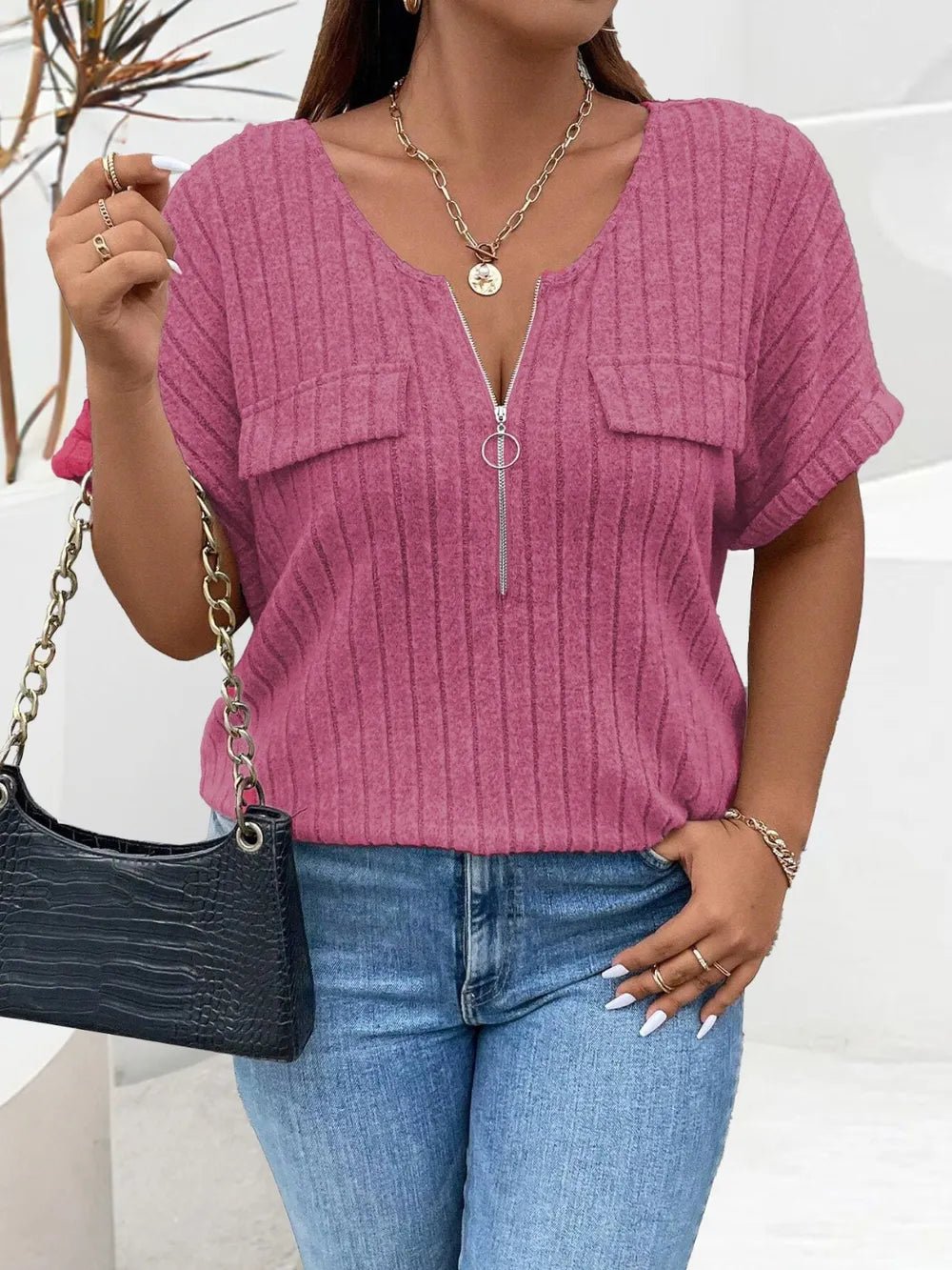 Plus Size Half Zip Short Sleeve T-Shirt - Excel Merchandise